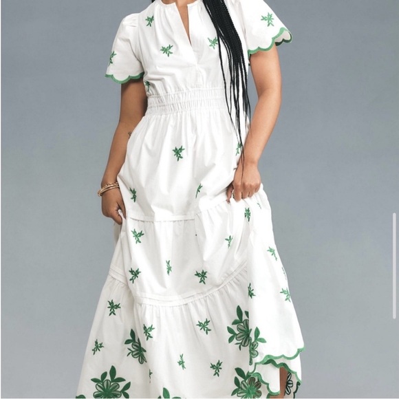 Anthropologie Somerset Collection White Maxi Dress with Green Embroidery - Picture 9 of 11